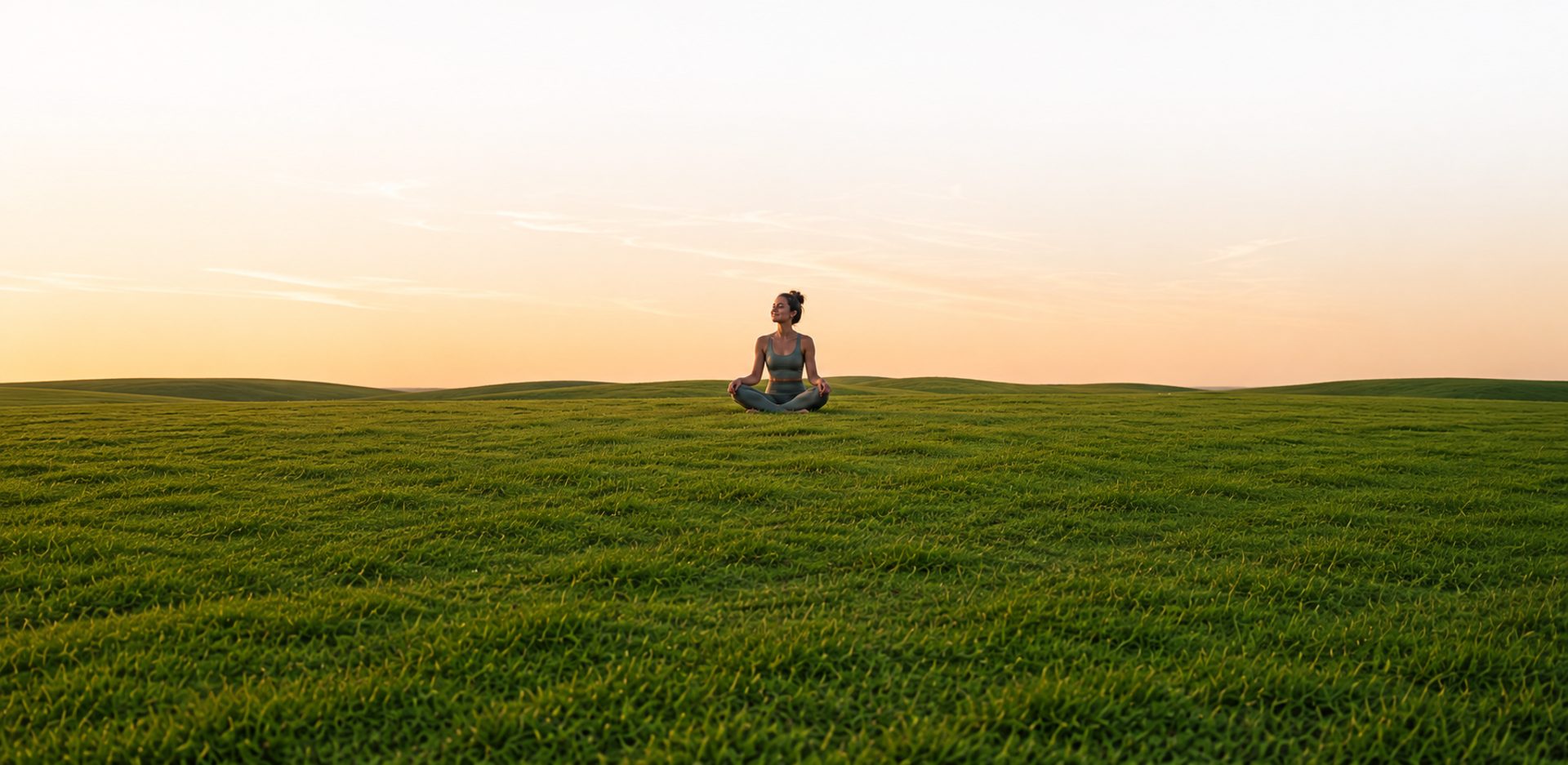 Coach meditating in an open field at sunrise